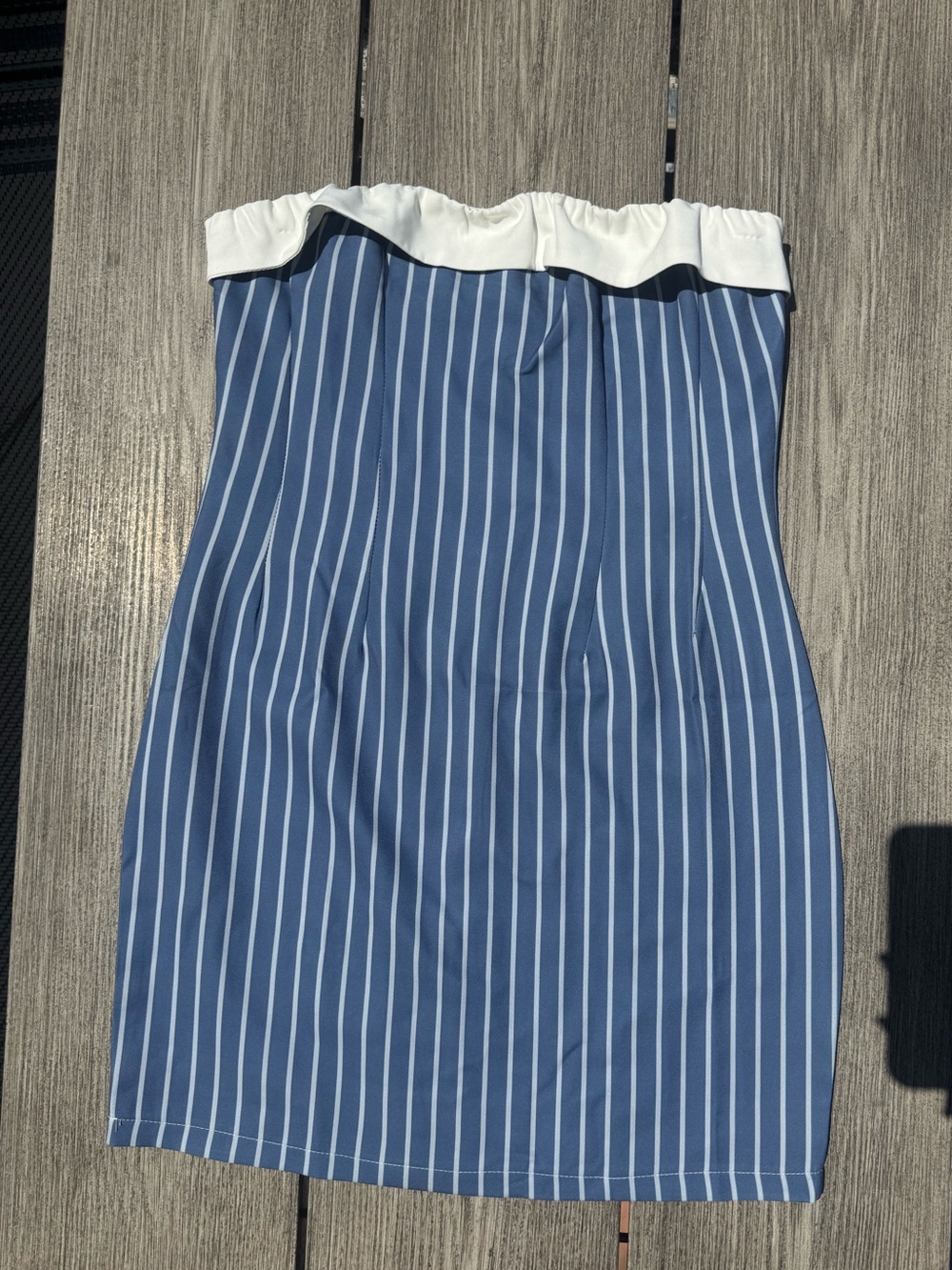Striped Blue Strapless Mini Dress with White Ruffle